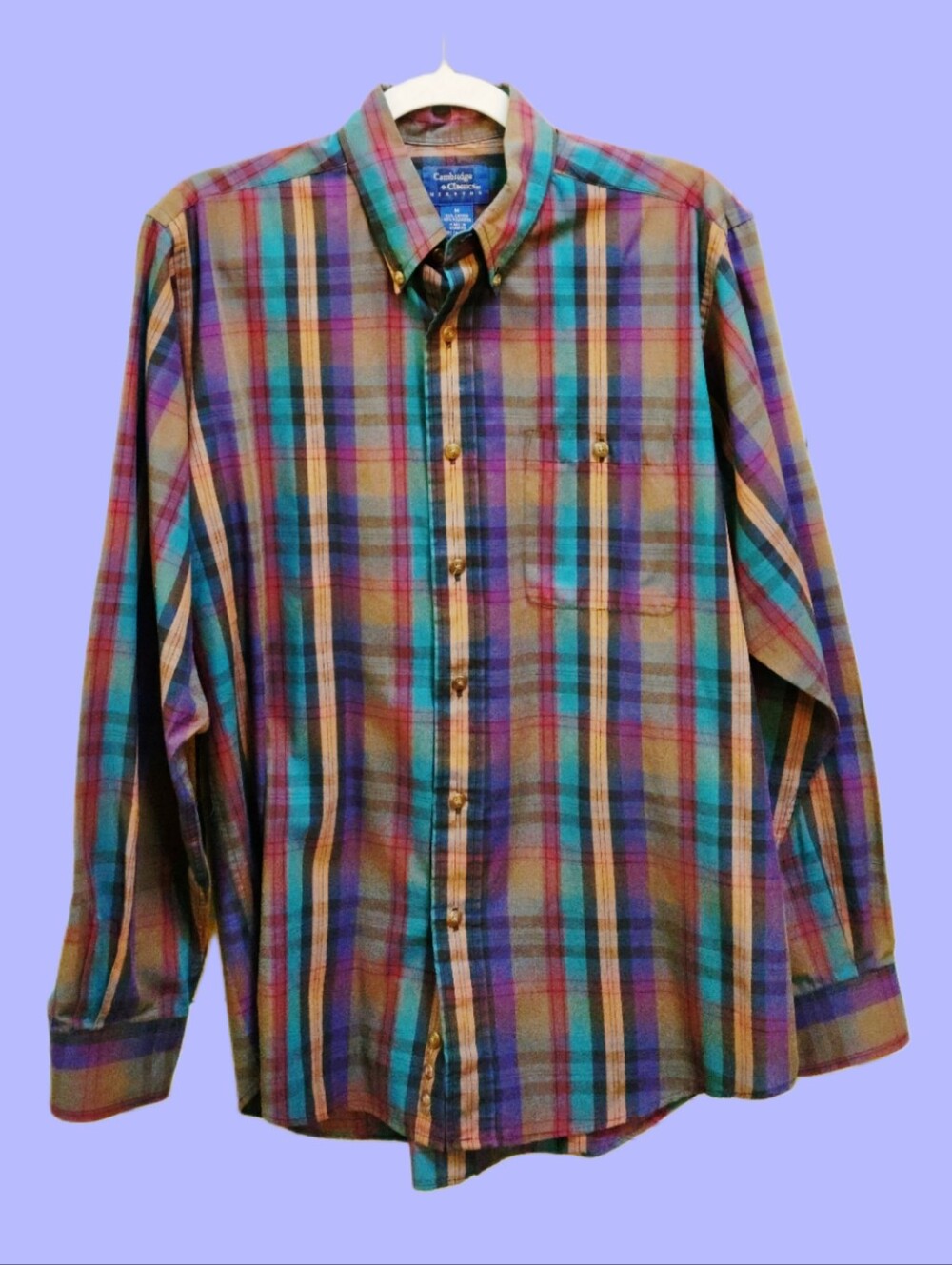 Vintage 80s Cambridge Classic Plaid Button-Down Shirt Teal Maroon Purple Size M